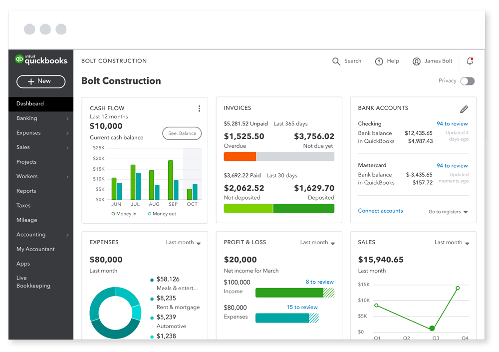 Smart dashboards on QuickBooks job costing software for small business.