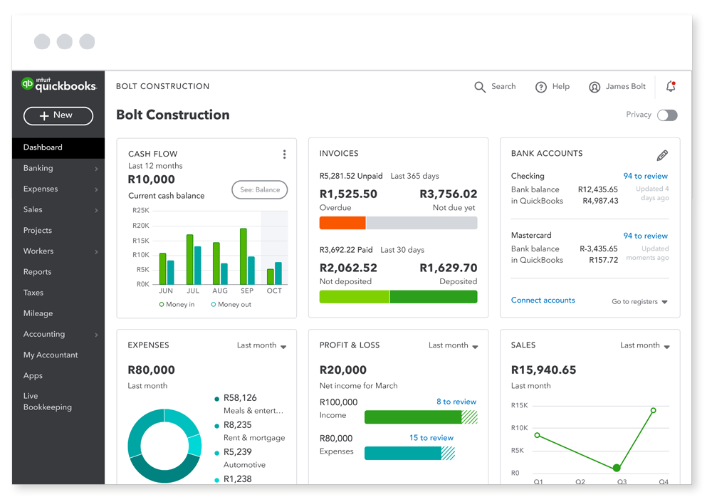 Screenshot of smart dashboards on QuickBooks job costing software for small business.