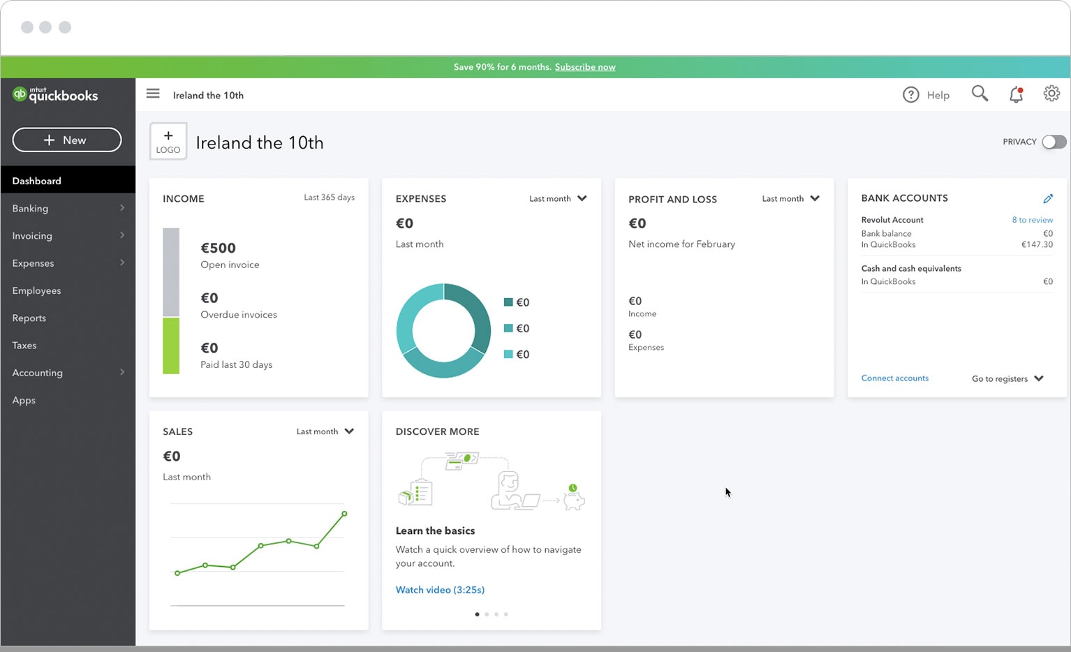 Screenshot from QuickBooks Online showing a dashboard with different charts and data
