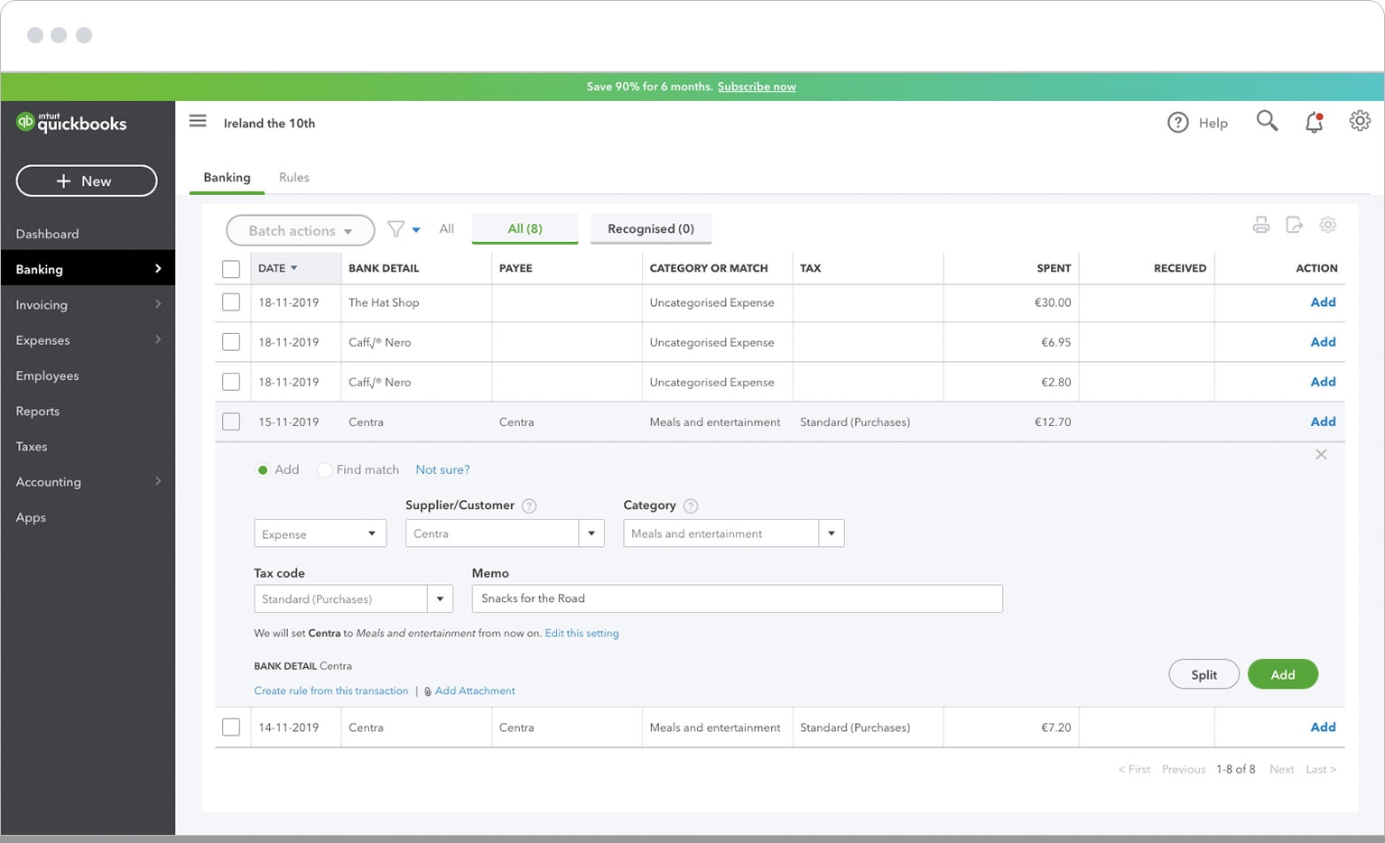 Screenshot of QuickBooks Online banking transactions set up screen