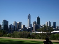 A view of a city skyline from a park.