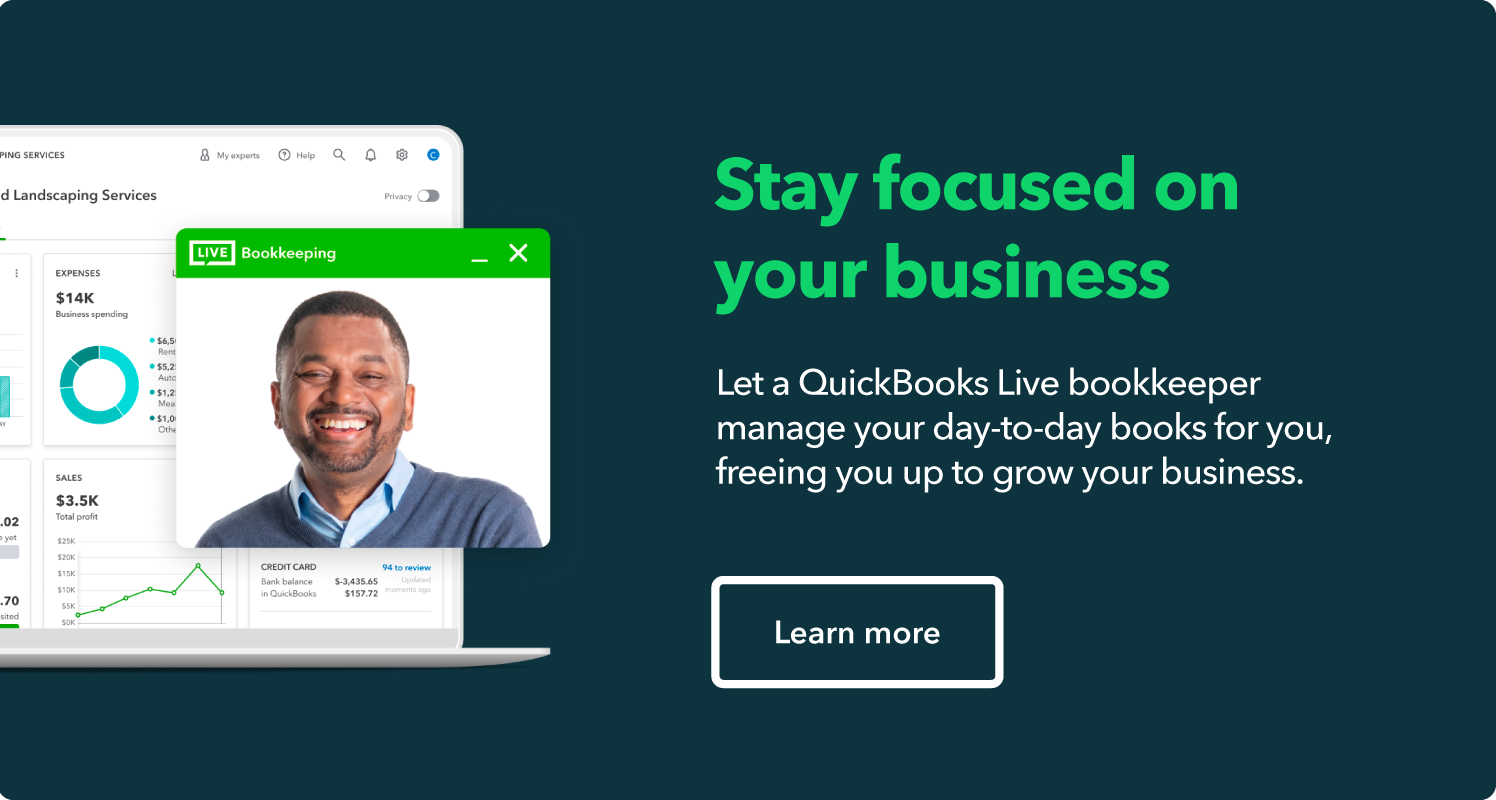 QuickBooks accounting software dashboard on laptop with QuickBooks live bookkeeper screen