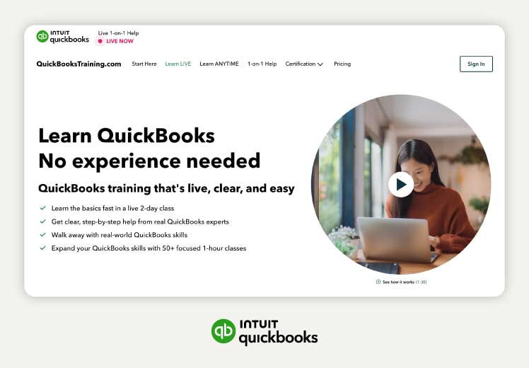 A screenshot of the QuickBooks training program, showing available webinars.