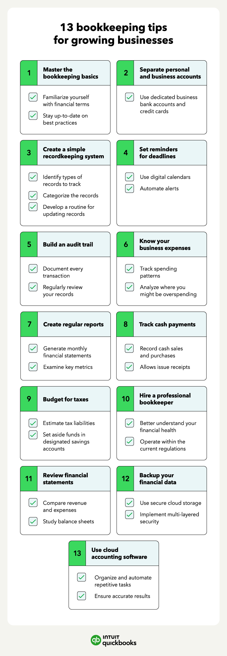 A checklist summarizes 13 bookkeeping tips along with notable steps.
