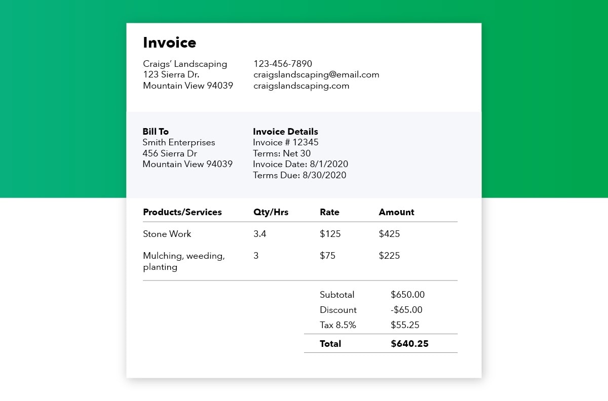 Image of an example invoice document. The document is titled invoice, and features the following components from the top of the document down: Invoicing business's address and contact information. The client's ``bill to`` address. Invoice details including the invoice number, terms (net 30), invoice date (8/1/2020), terms due date (8/30/2020). Description of products and services provided, the quantity of billable hours, the rate charged for the work, and total amount billed. Line item 1 is ``stone work``, quantity of hours is ``3.4``, rate is $125, and amount billed is $425. Line item 2 is ``mulching, weeding, and planting``, quantity of hours is ``3``, rate is $75, and amount billed is $225. The invoice subtotal is $650. There is a $65 discount to the total amount, and 8.5% tax of $55.25. The total is $640.25.