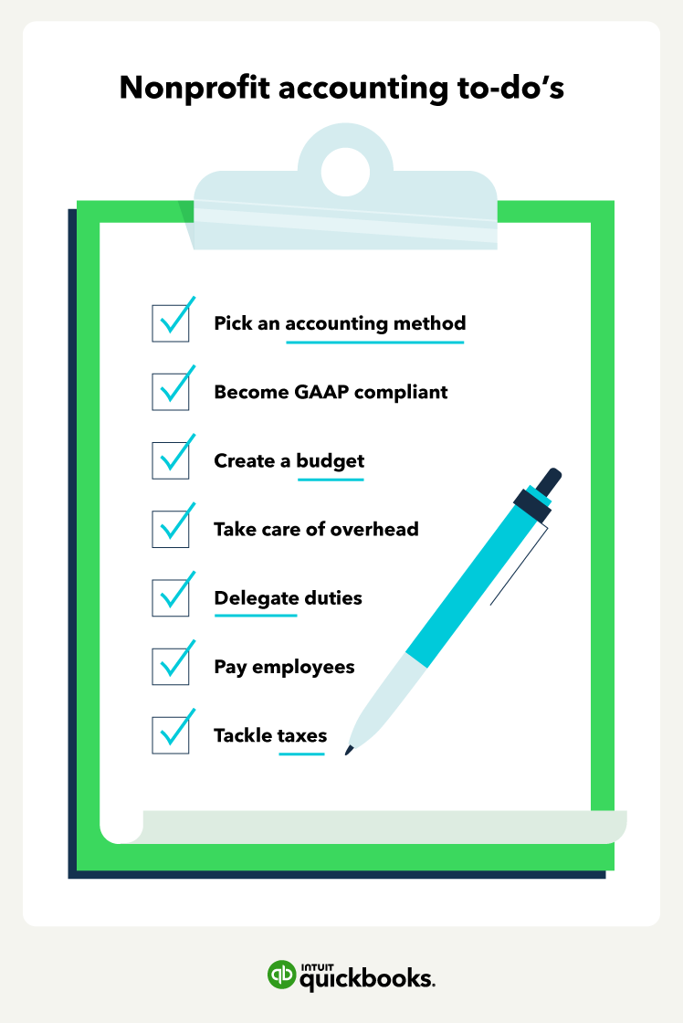 Checklist of nonprofit accounting tasks with a pen checking boxes