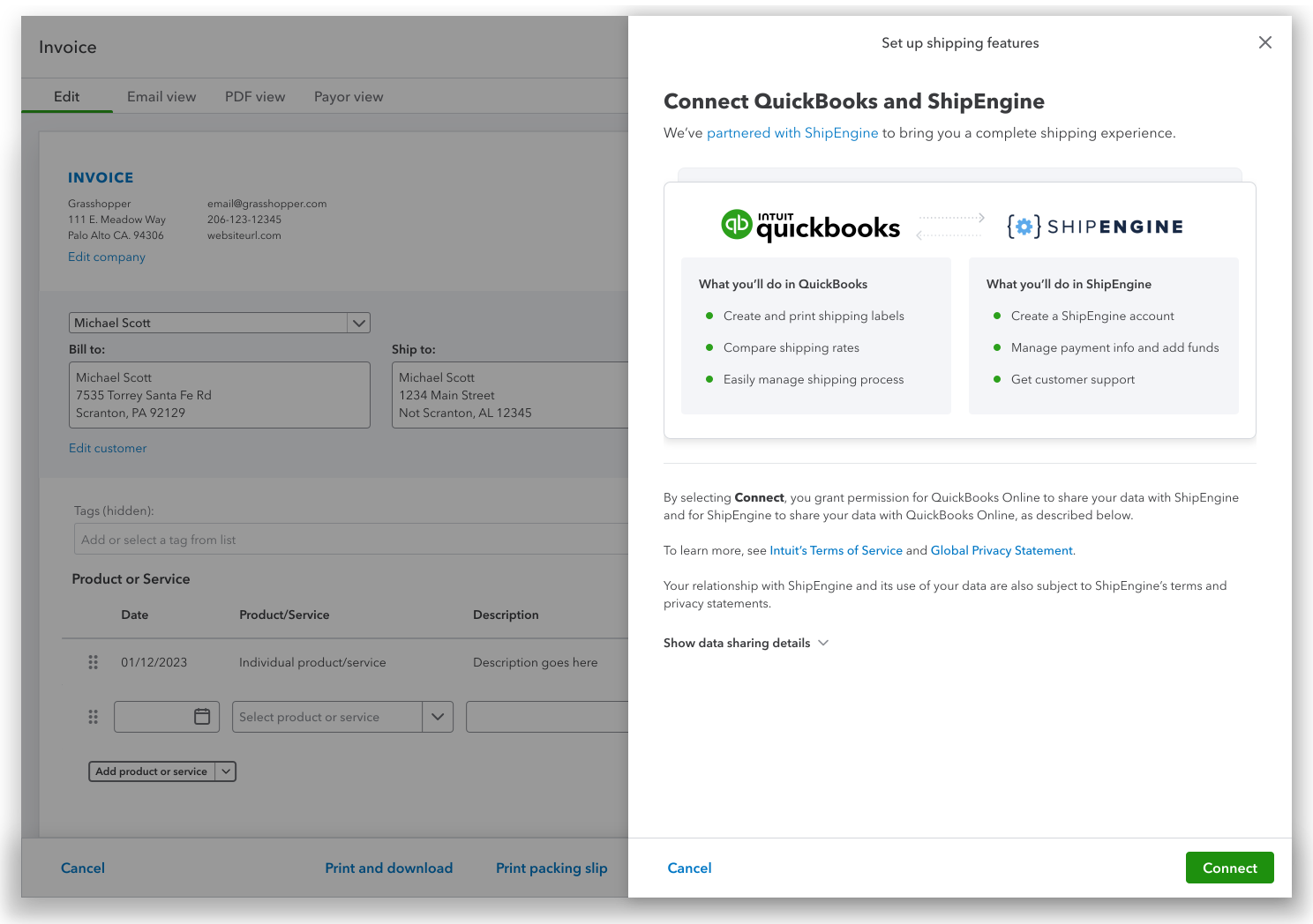 A screen shot of shipping invoice on QuickBooks Online