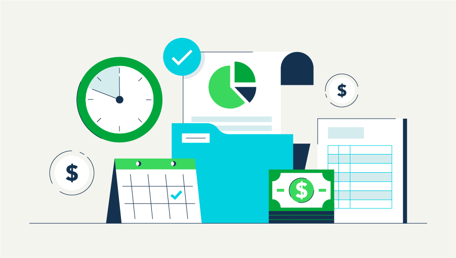 An illustration of reports, payments, and a calendar to indicate the accounts payable process as the hero image.