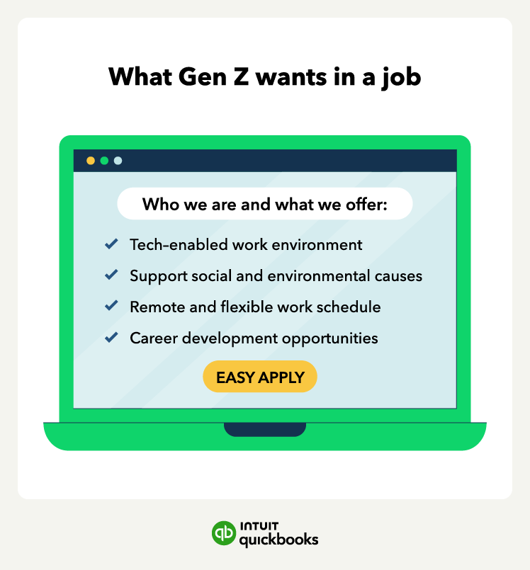 Laptop displaying a job opportunity and bullet points about a tech-enabled work environment, social causes, flexible work schedule, and career development, indicating the adaptation to Gen Z in the workplace.