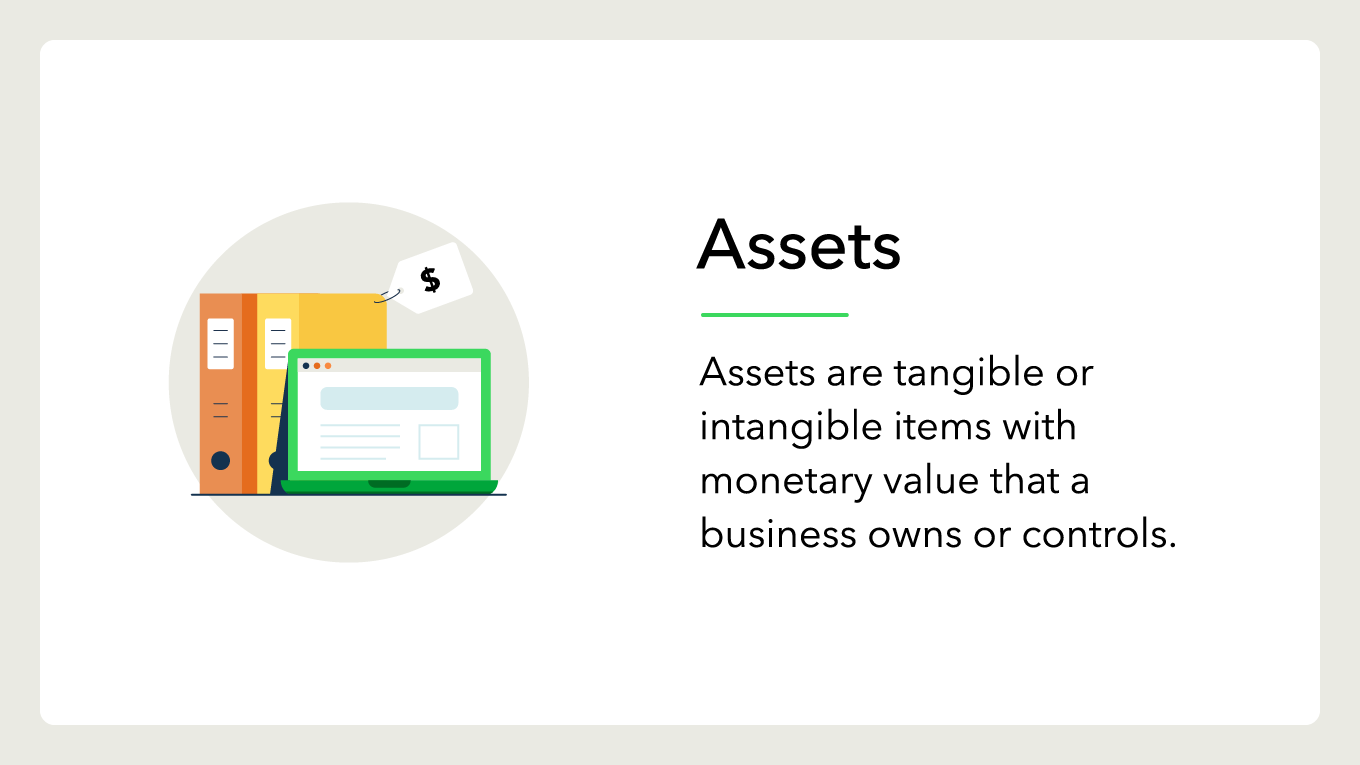 A graphic defines assets, an important term in accounting basics.