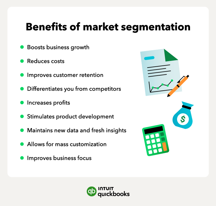 list of the benefits of market segmentation featuring a pen and paper, a bag of money, and a green calculator