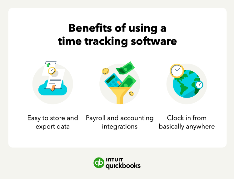 Three benefits of using a time tracking software, including storing data, integrations, and clocking in from anywhere.