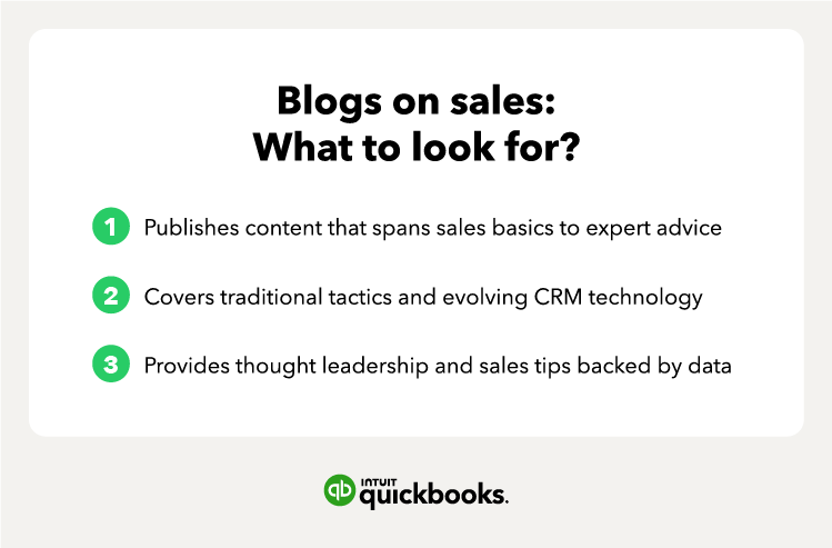 Blogs on sales: what to look for? 1. Publishes content that spans sales basics to expert advice 2. Covers traditional tactics and evolving CRM technology 3. Provides thought leadership and sales tips backed by data