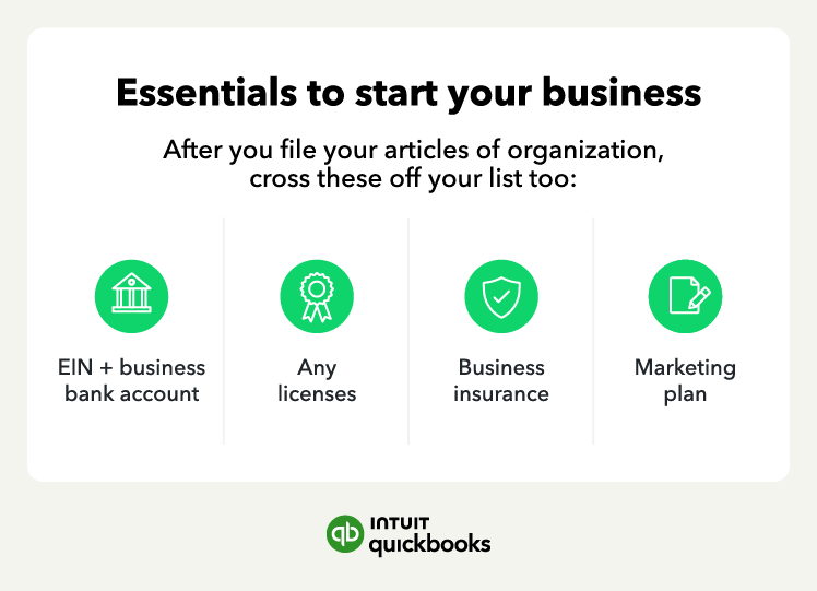 An illustration of the essentials to start your business, such as licenses, insurance, marketing plans, and EIN.