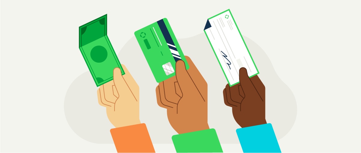 Illustration of hands holding different payment methods