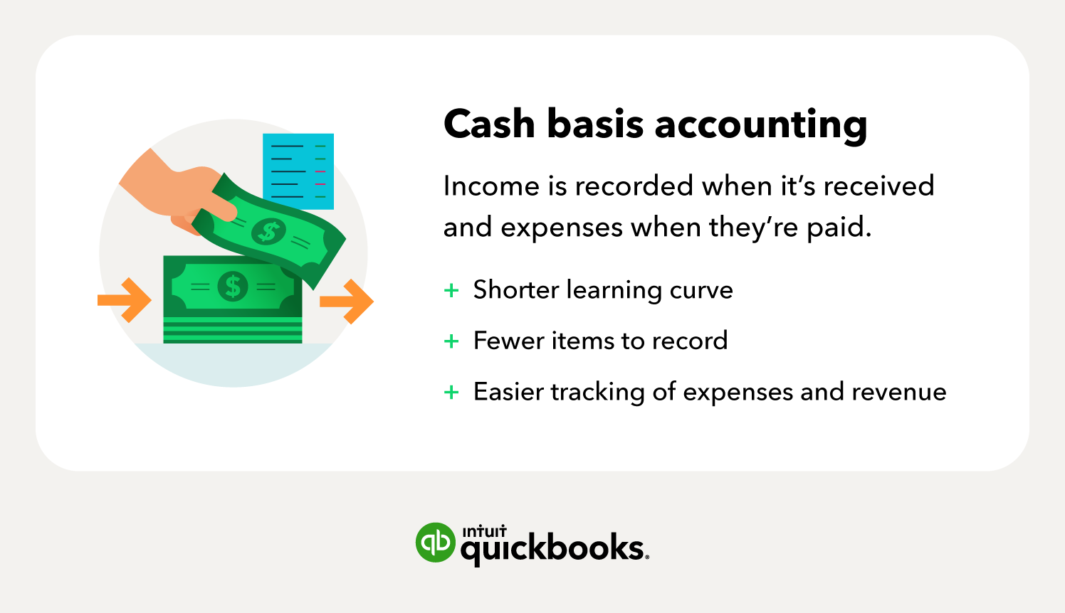 Cash basis accounting -Shorter learning curve Fewer items to record Easier tracking of expenses and revenue