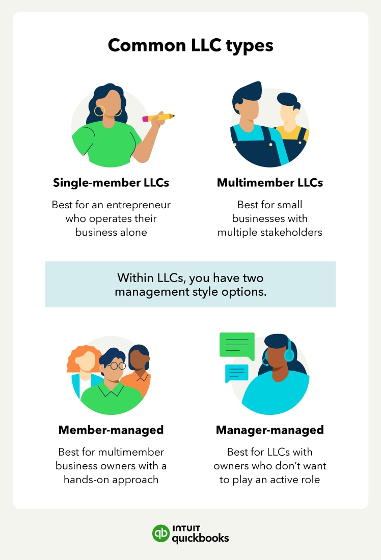 A graphic breaks down the four common LLC types to help answer the question, "What is an LLC?"
