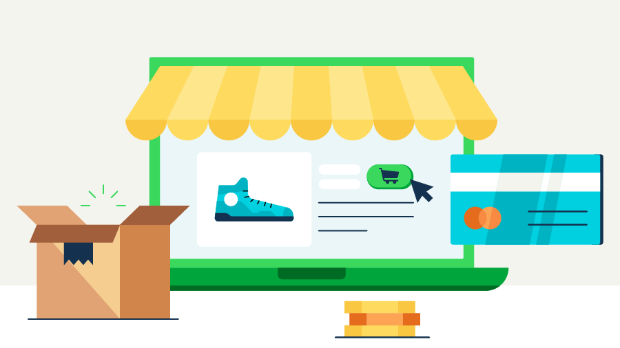 An illustration showcases the steps of e-commerce order management, including order fulfillment and delivery.