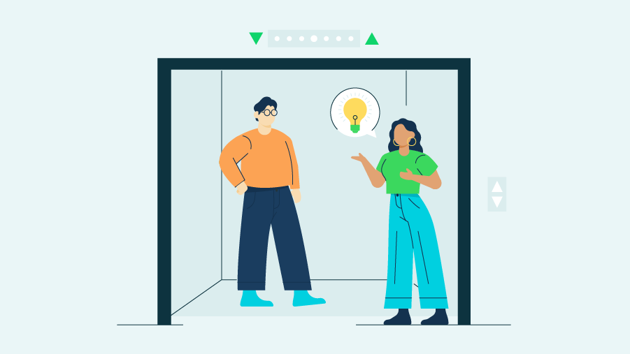A graphic shows two people discussing elevator pitch examples in an elevator.