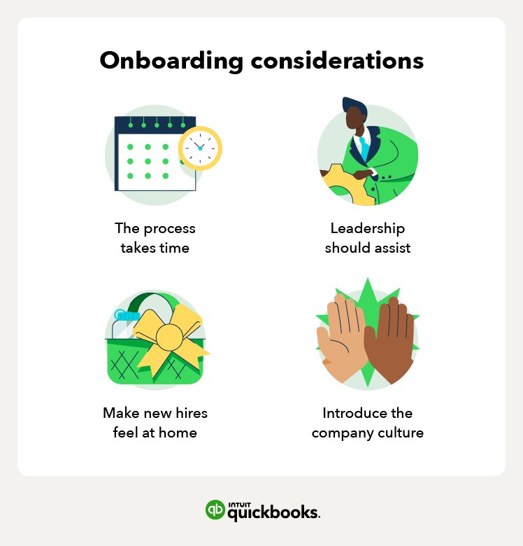 Onboarding considerations: the process takes time, leadership should assist, make new hires feel at home, and introduce the company culture