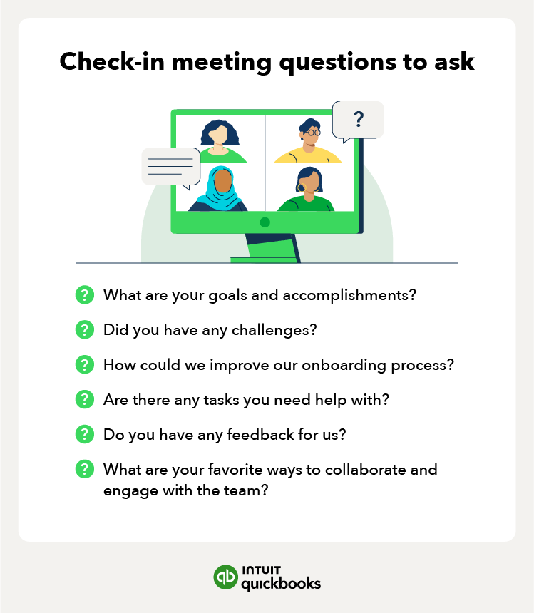 Examples of questions to ask during an employee onboarding check-in meeting.