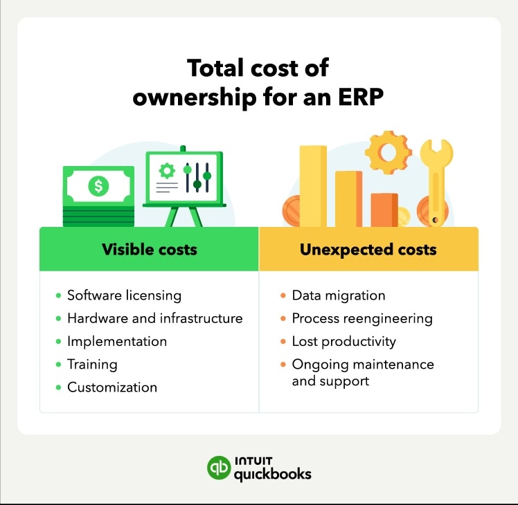 The total cost of ownership for an ERP, including visible and hidden costs.