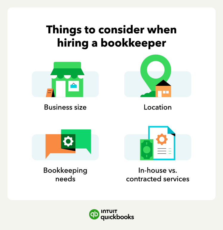 A graphic showcases things to consider when hiring a bookkeeper.