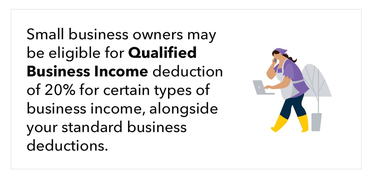 Illustration of woman on laptop and cell phone, with text &ldquo;Small business owners may be eligible for Qualified Business Income deduction of 30% for certain types of business income, alongside your standard business deductions.&rdquo;