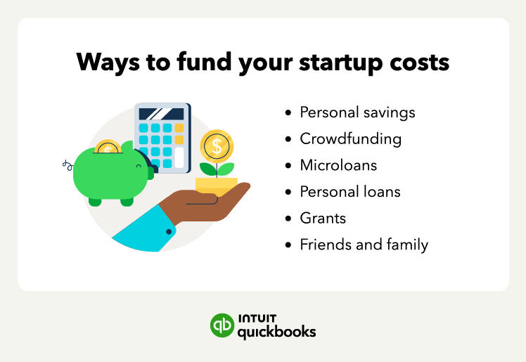 A list of ways to fund your startup costs including personal savings, crowdfunding, microloans, personal loans, grants, and friends and family.