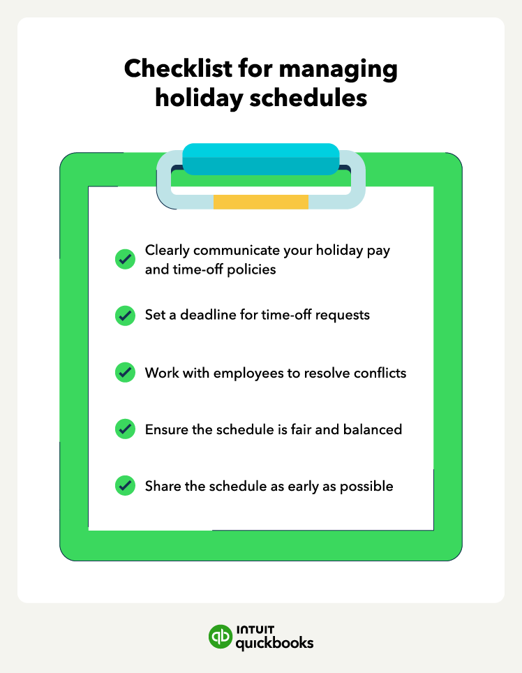 An illustration of tips for managing holiday schedules, including clearly community holiday pay and time-off policies.
