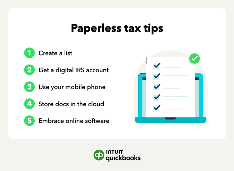 An illustration of paperless tax tips, such as using the cloud and getting a digital IRS account.