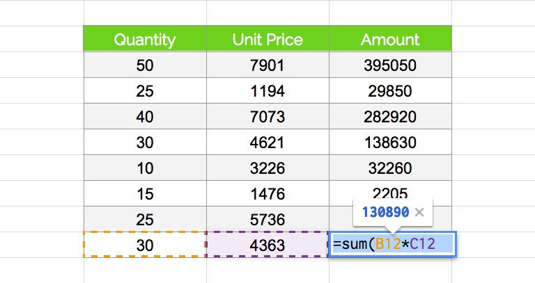 Screenshot of an Excel spreadsheet, showing how to use the "sum" function.