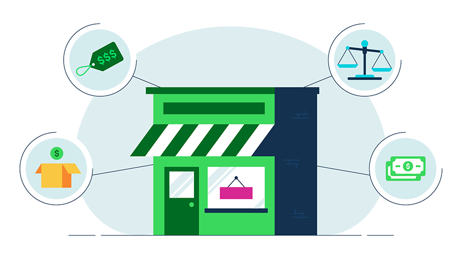 A green storefront next to icons representing a scale, moving boxes, a price tag, and cash.