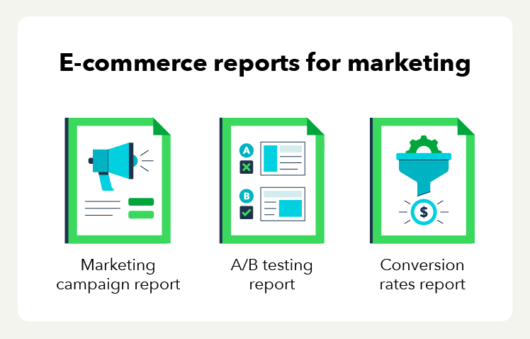 Marketing campaign report, A/B testing report, conversion rates report.