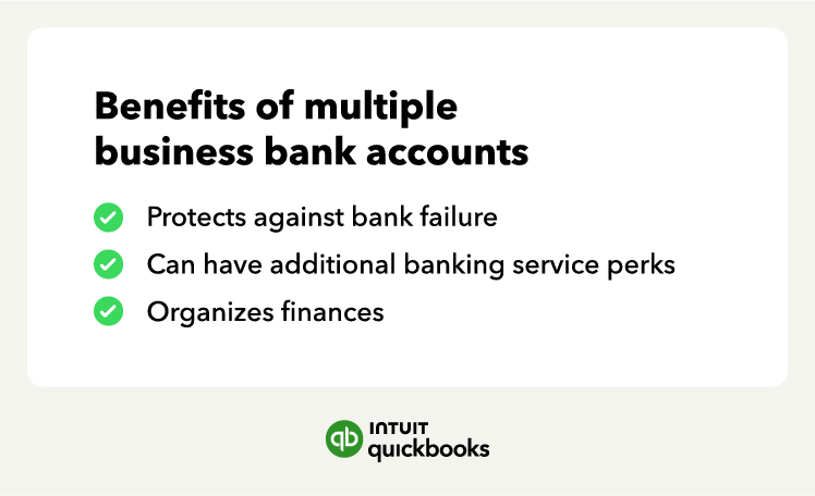 An illustration of the benefits of multiple business bank accounts, including protecting against bank failure, having banking service perks, and organizing finances.