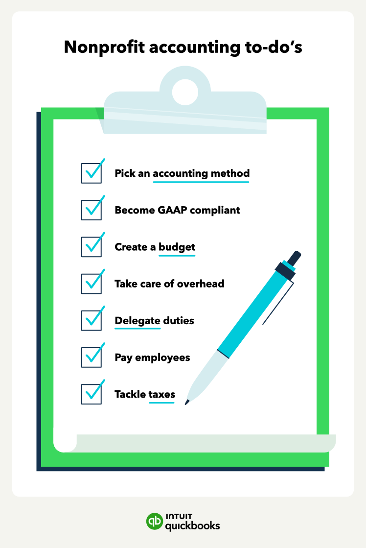 Checklist of nonprofit accounting tasks with a pen checking boxes.
