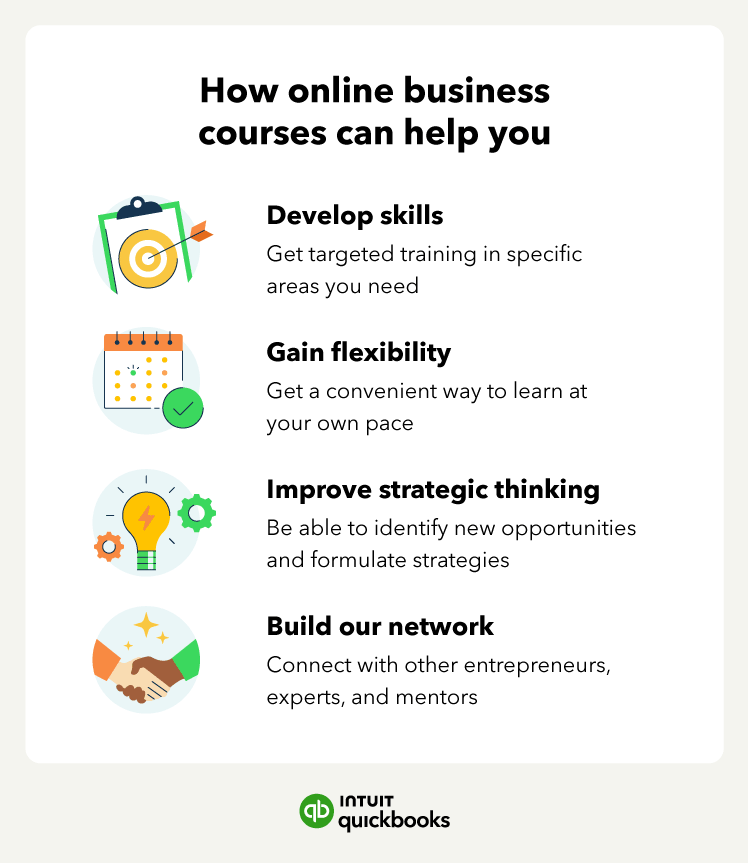 How online business courses can help you, including developing skills and gaining flexibility.