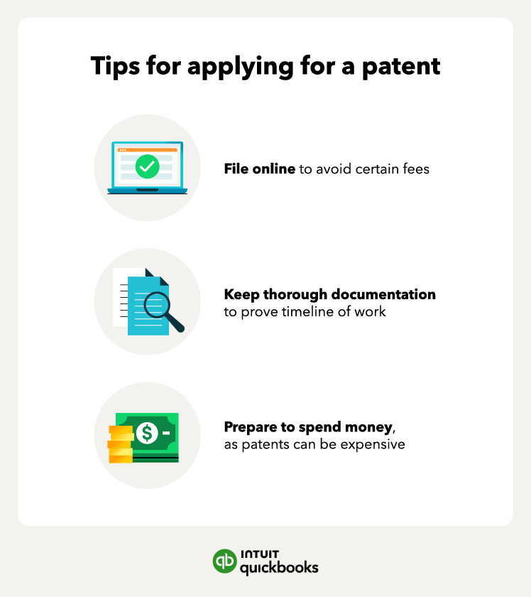 Tips for filing a patent include filing online, keeping thorough documentation, and being prepared to spend money.