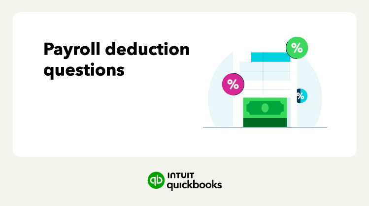 Illustration of a ledger sheet, dollar bills, and percentage icons with the text "payroll deductions questions" to the left and an Intuit QuickBooks logo at the bottom.