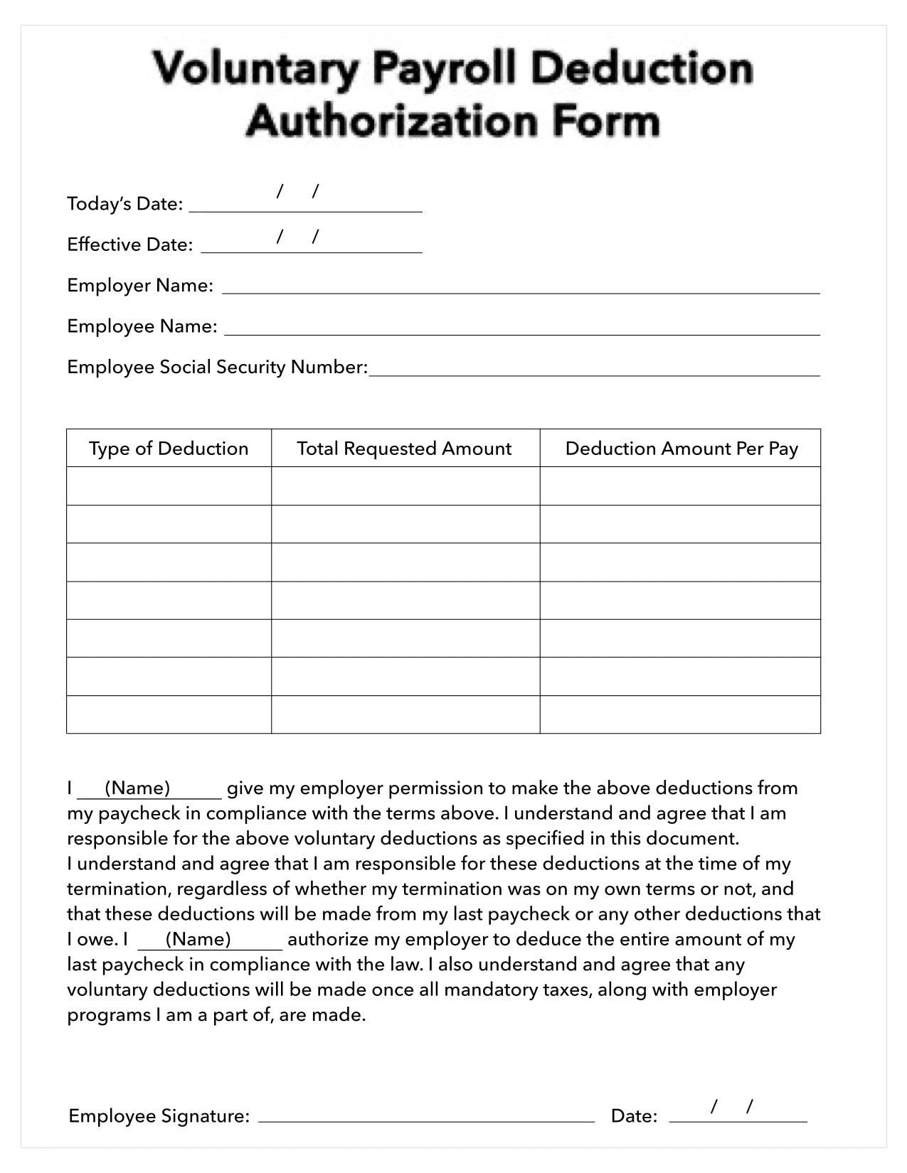 Payroll deduction authorization form example