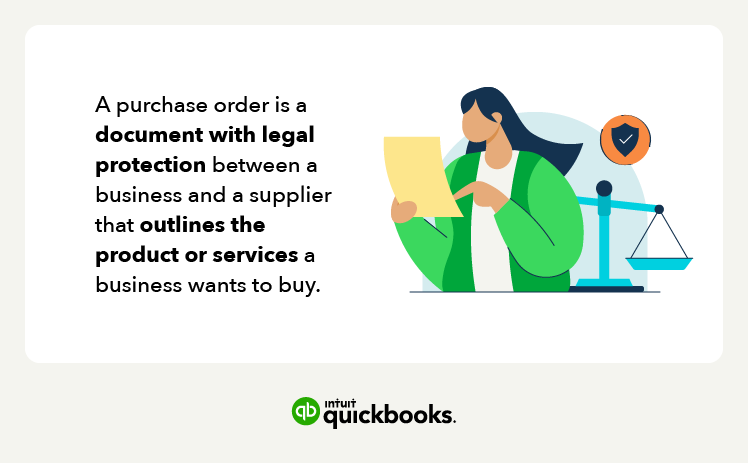 the definition of a purchase order and a woman looking at a piece of paper.