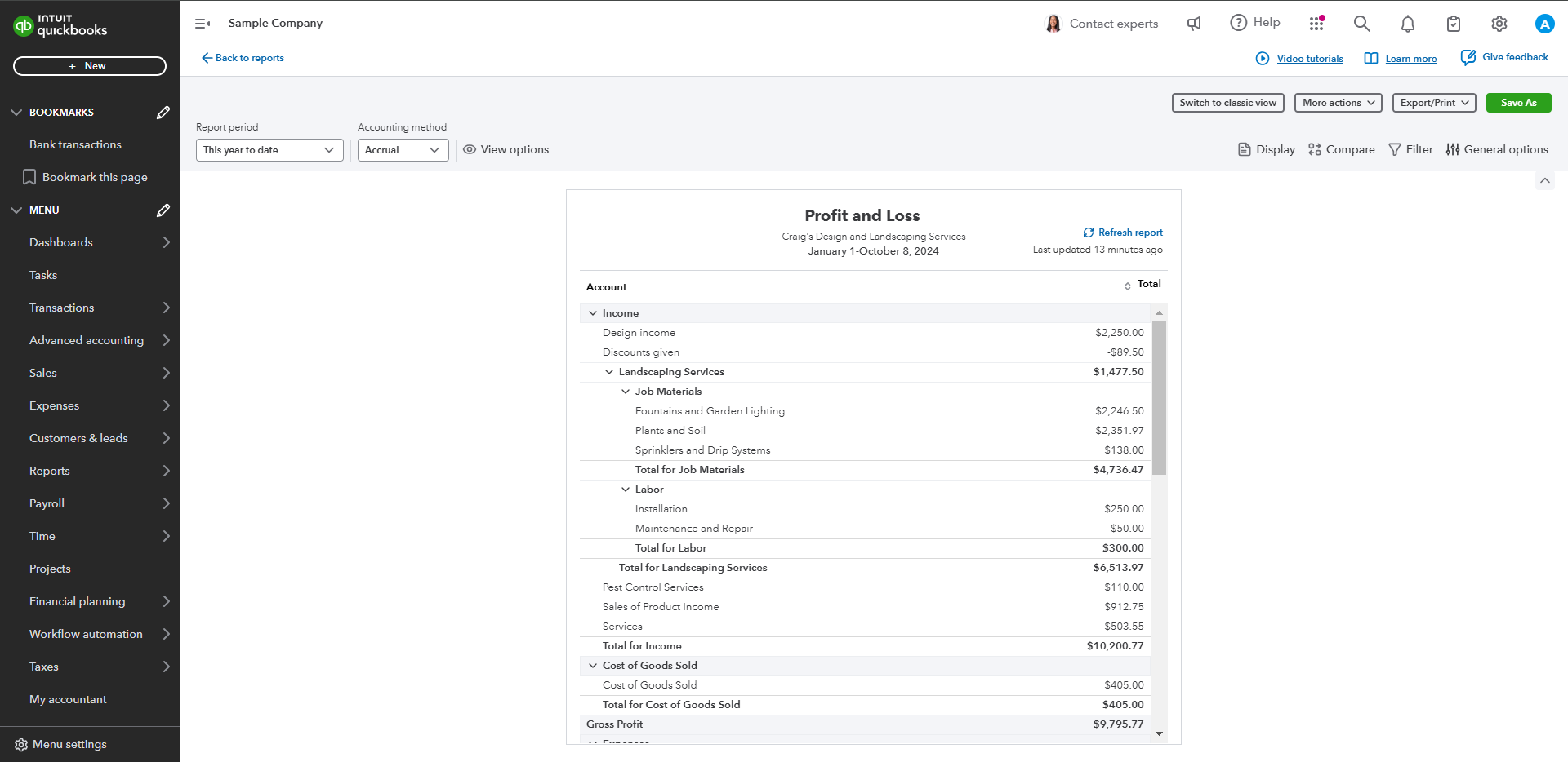 A screenshot of QuickBooks Online standard report