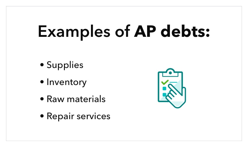 graphic lists text examples of AP debts, including supplies, inventory, raw materials, and repair services, along with illustration of two invoices. 
