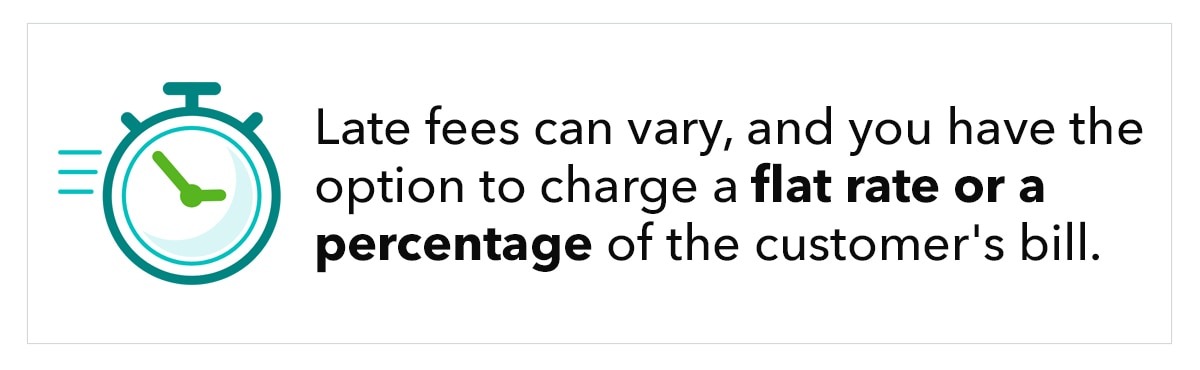 Illustration shows stopwatch, with the text “Late fees can vary, and you have the option to charge a flat rate or a percentage of the customer’s bill.”