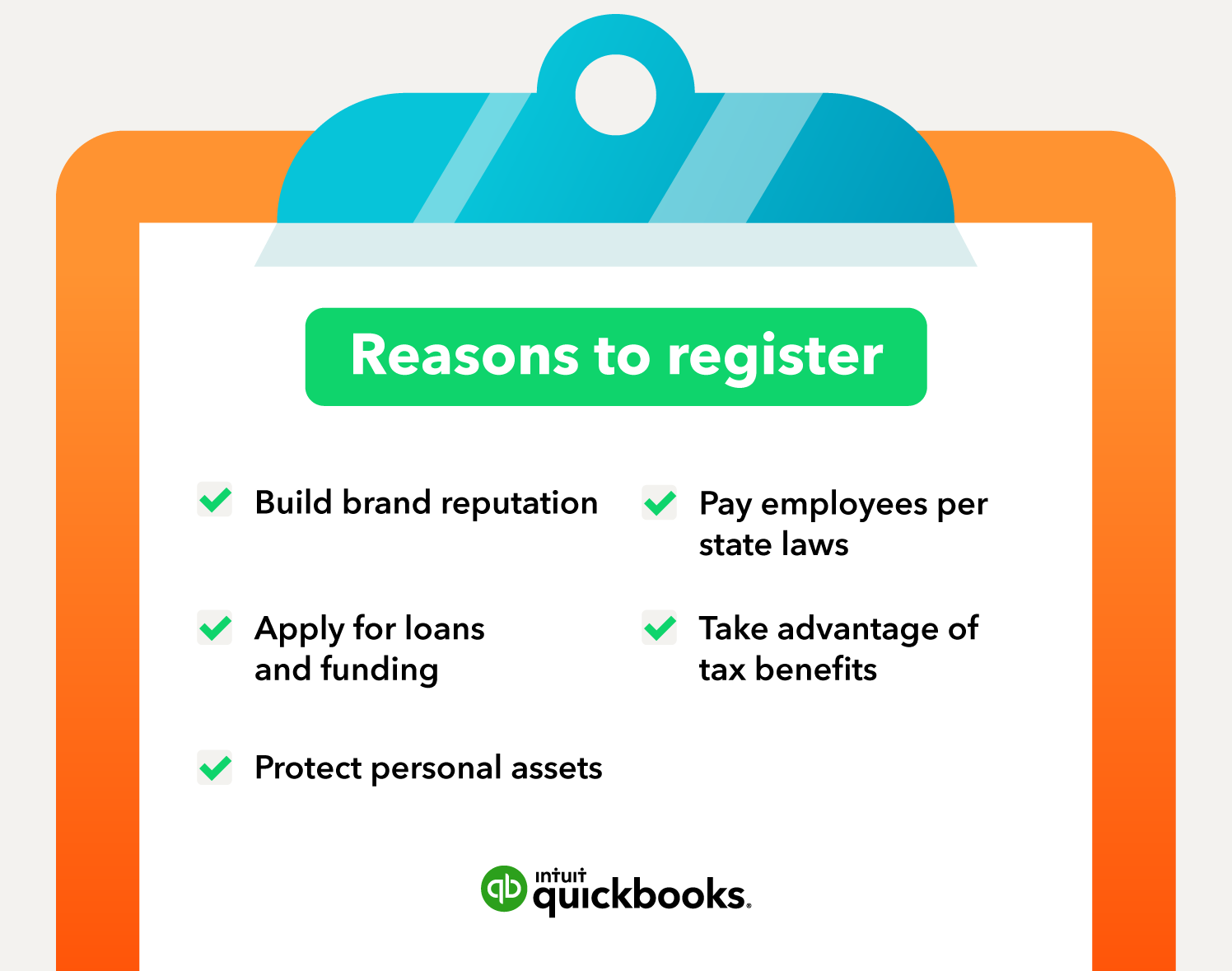 Clipboard illustrating the different reasons to register a business