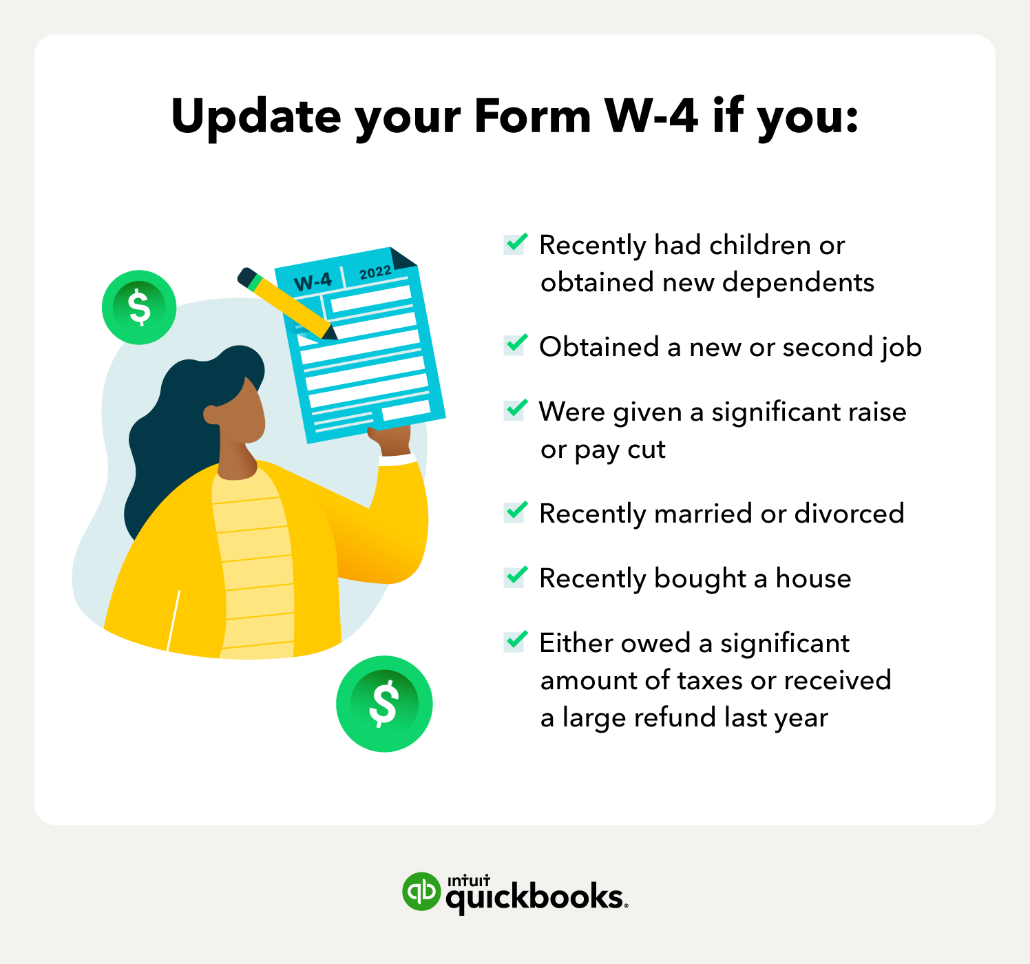 Update your W-4 if you recently were married or divorced, received a large raise or pay cut, had children, or obtained new dependents.