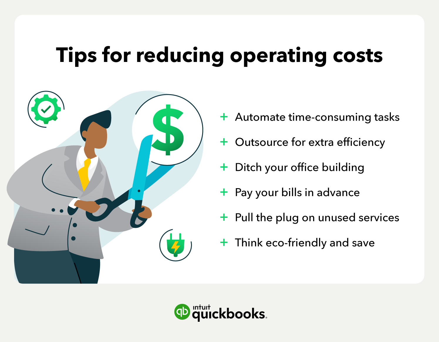 Tips for reducing operating costs with a man using scissors to cut a dollar sign in half