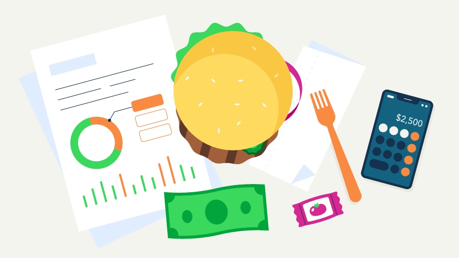 An illustration of reports, a calculator and money to indicate restaurant accounting.