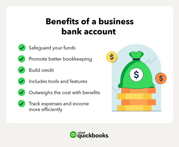 a list of the benefits of a business bank account and a bag of money sitting on top of a stack of coins