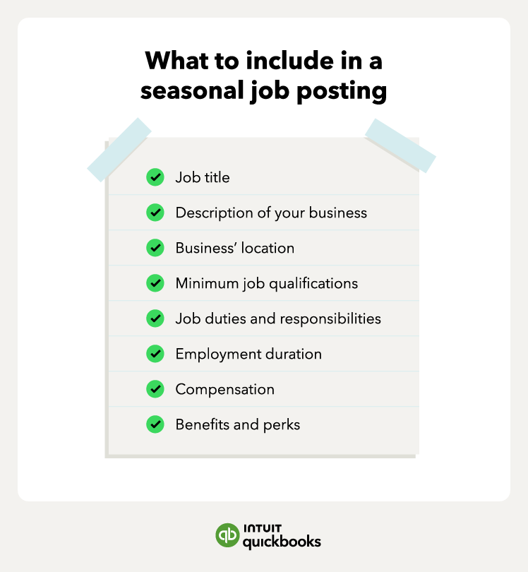 An illustration of what to include in a seasonal job post, such as job title and employment duration.
